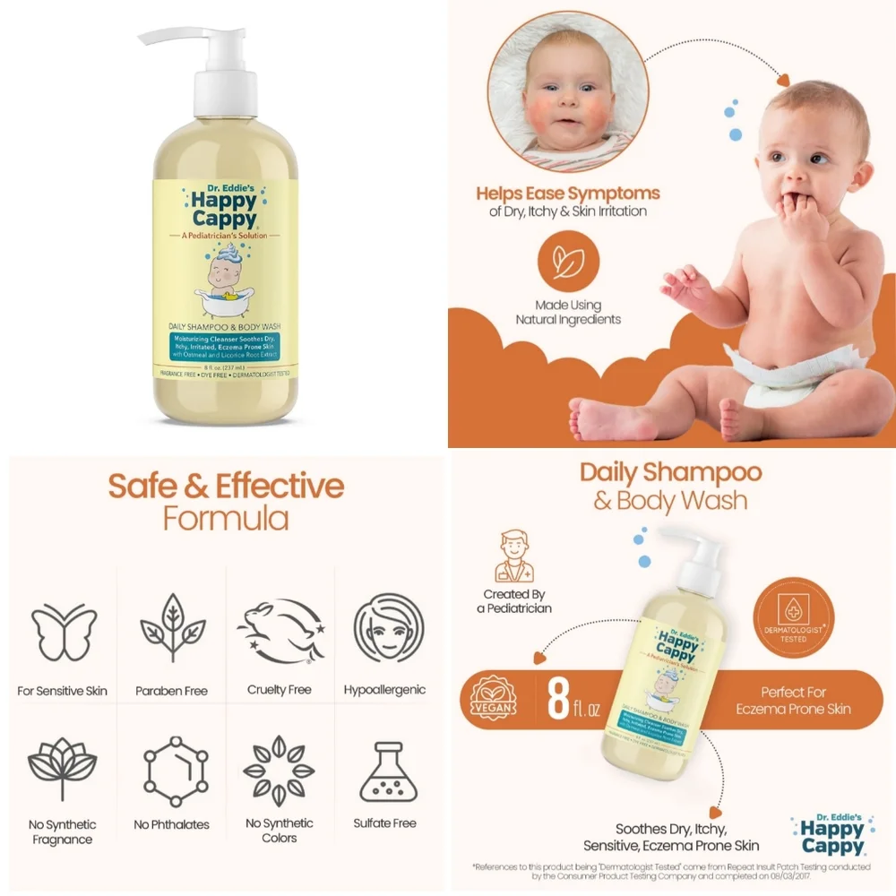Happy Cappy Baby Skin & Hair Eczema Shampoo Body Wash Soap Cream Lotion Gift Set
